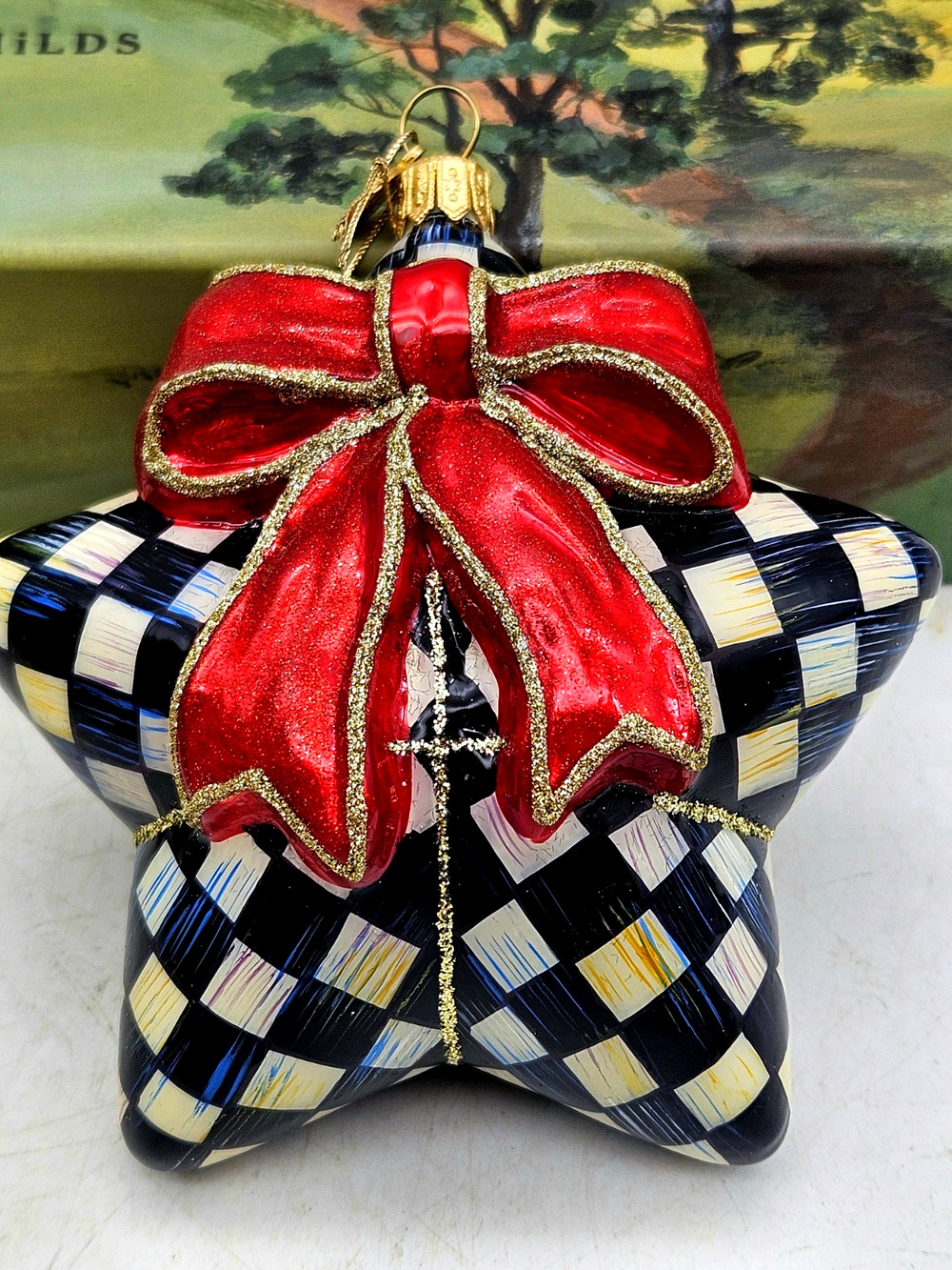 RARE MacKenzie-Childs Courtly Check Star w/ Bow Ornament Black White Red + Box